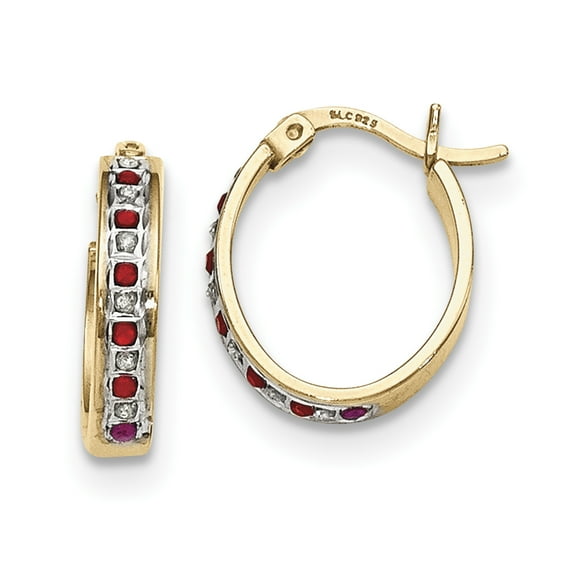 Sterling Silver & Gold-plated Dia. & Ruby Oval Hoop Earrings QDF134
