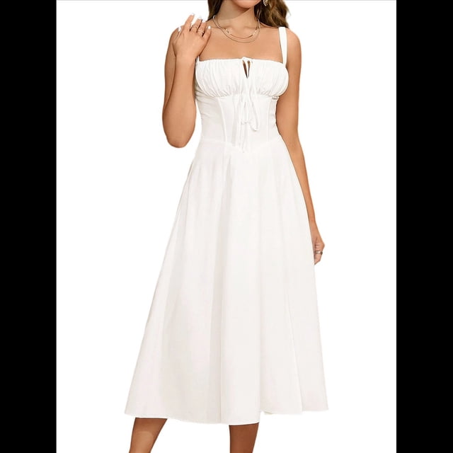 Vestido Midi con Corsé, Aberturas Fluidas y Cordones para Mujer, Vestido Informal de Verano de Corte A para Fiesta de Té. S