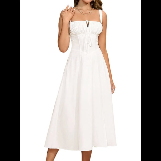 Vestido Midi con Corsé, Aberturas Fluidas y Cordones para Mujer, Vestido Informal de Verano de Corte A para Fiesta de Té. L