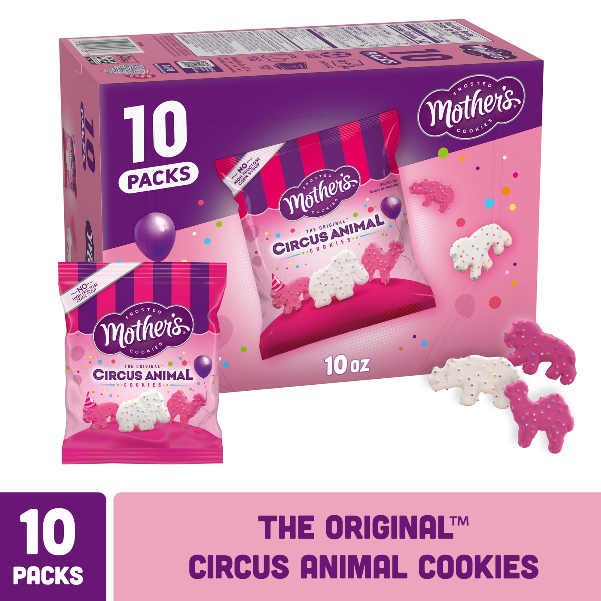 Mother’s Original Circus Animal, Frosted Animal Cookies with Rainbow Sprinkles, 10 packs, 1 oz Each