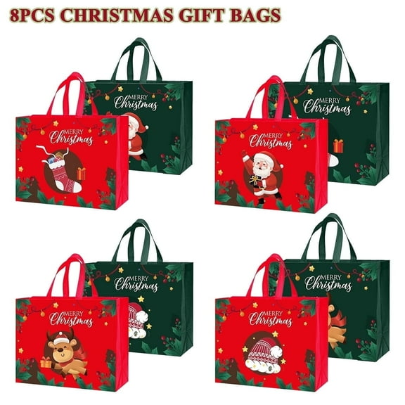 Katinyos 8Pcs Christmas Bags for Gifts, Reusable Non-Woven Christmas Tote Bags with Handles, Christmas Gift Box for Xmas Party Supplies