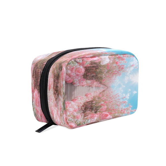 BZSMCE Makeup and Cosmetic Bag Women Simple Pink Rose Garden Pattern Square Cosmetic Bag