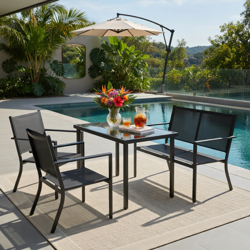 Hommoo 4-Piece Outdoor Patio Furniture Set, Steel Frame Loveseat, 2 Chairs & Tempered Glass Coffee Table for Backyard, Garden, Poolside, Gray