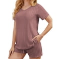 thumbnail image 3 of Qylux Pajamas for Women Set Ribbed Knit Sleepwear Set Summer Short Sleeve Top and Shorts 2 Piece Lounge Set with Pockets,Light Pink,L, 3 of 9