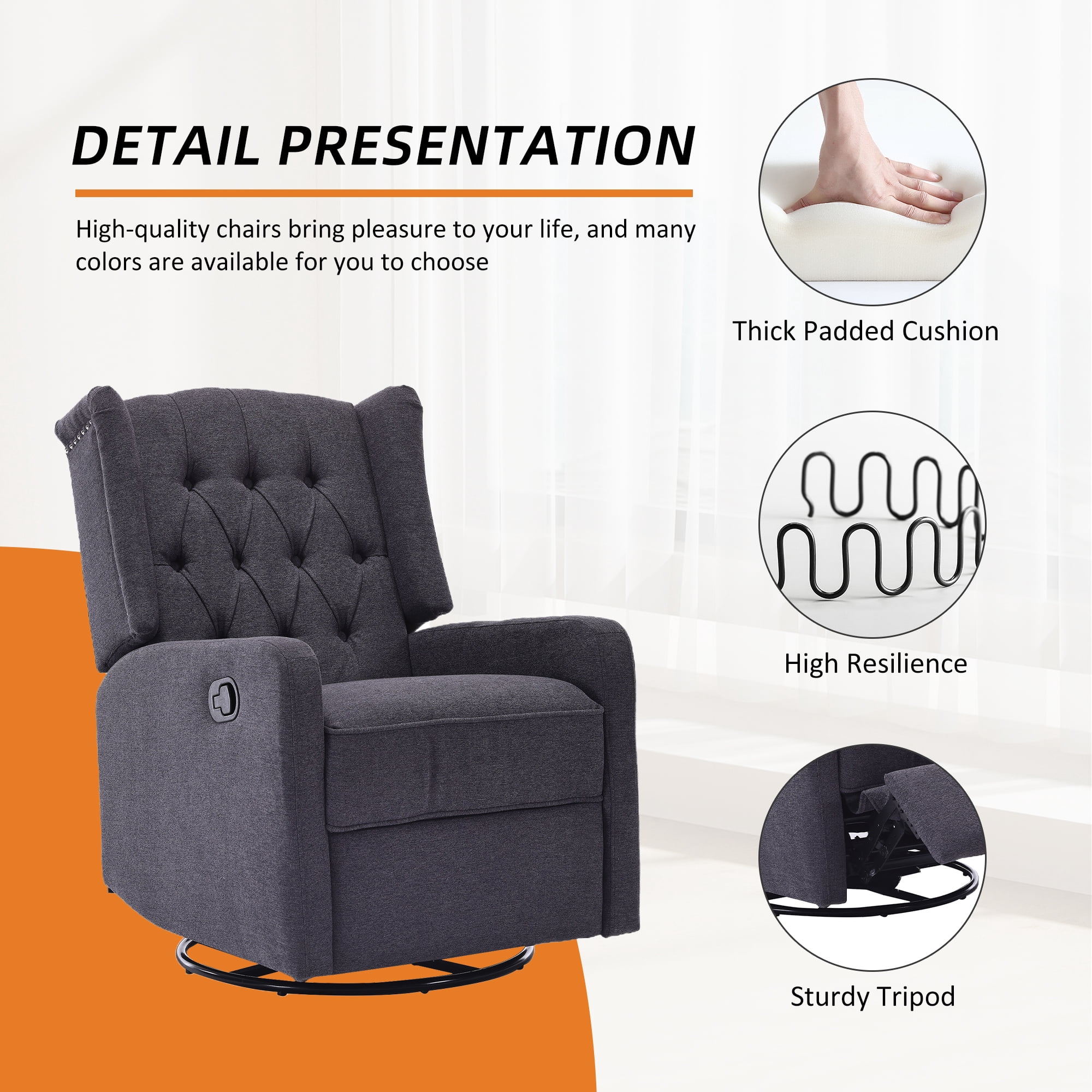 MOONMISS Linen Upholstered 360 Degree Swivel Rocking Recliner Chair for Bedroom,Living Room-Dark Gray
