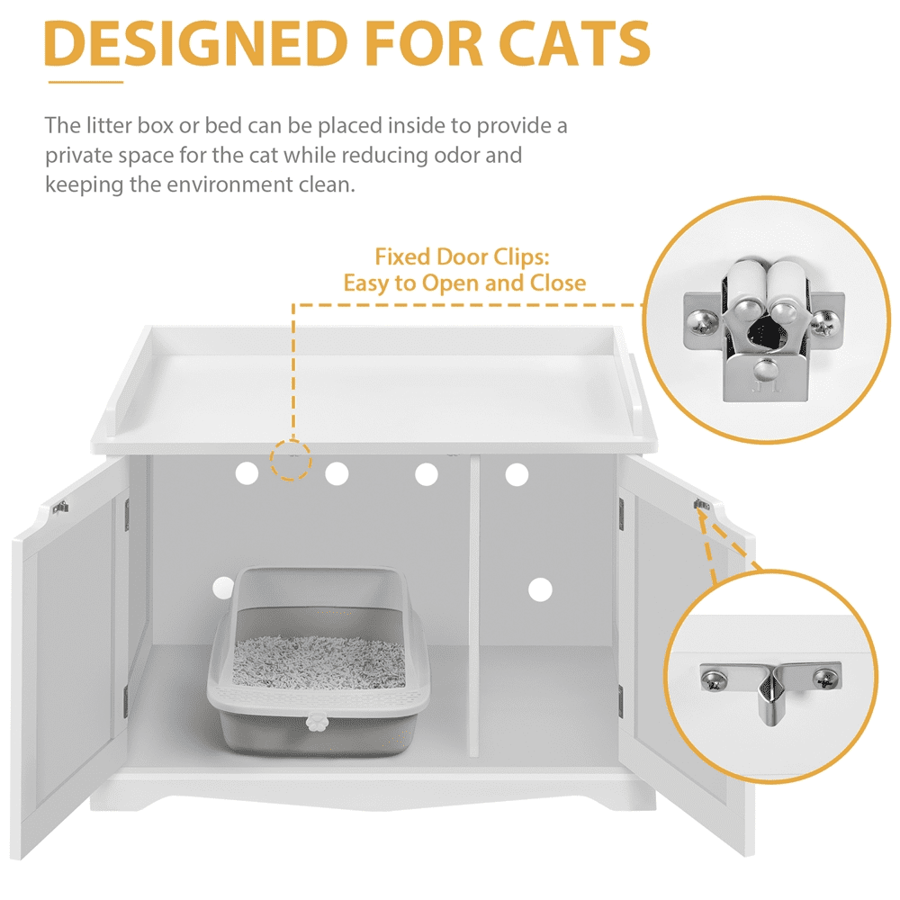 Alden Design Wooden Pet Litter Box for Pets Cat Hidden Washroom Bathroom with Door, White