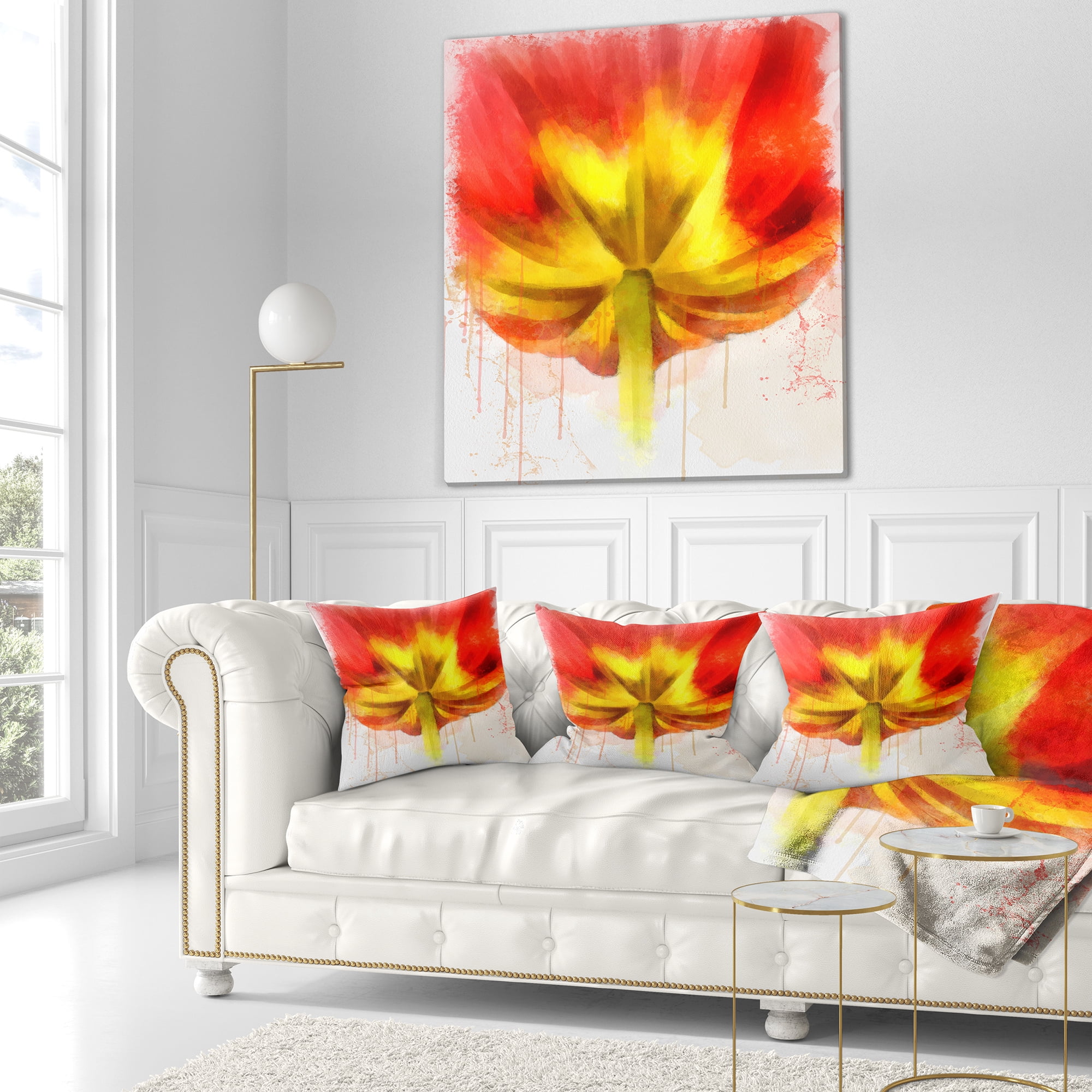 Designart Large Red Yellow Flower Watercolor - Floral Throw Pillow - 18x18