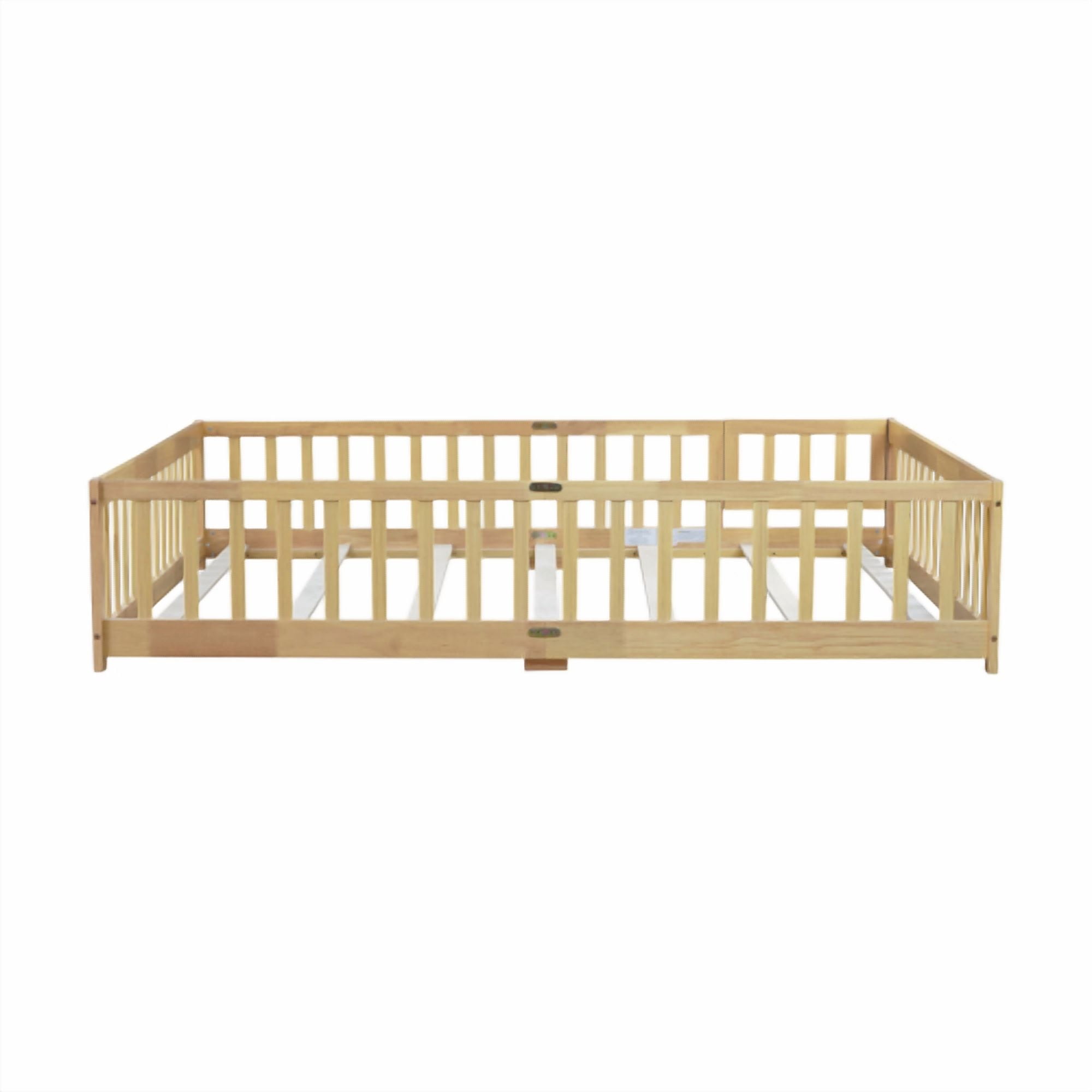 HOCOMILA Queen Size Floor Bed with Fence, Montessori Floor Bed with Slats and Safety Guardrails, Wood Queen Floor Bed, Natural