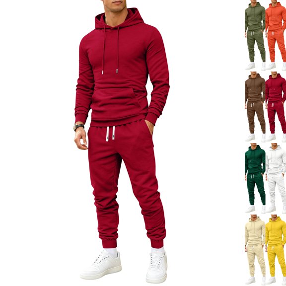 Mens Slim Fit Sweatsuit 2 Piece Outfit Long Sleeve Drawstring Pullover Hooded Top Cuffed Jogger Pants 2026 Sports Tracksuit Wine L