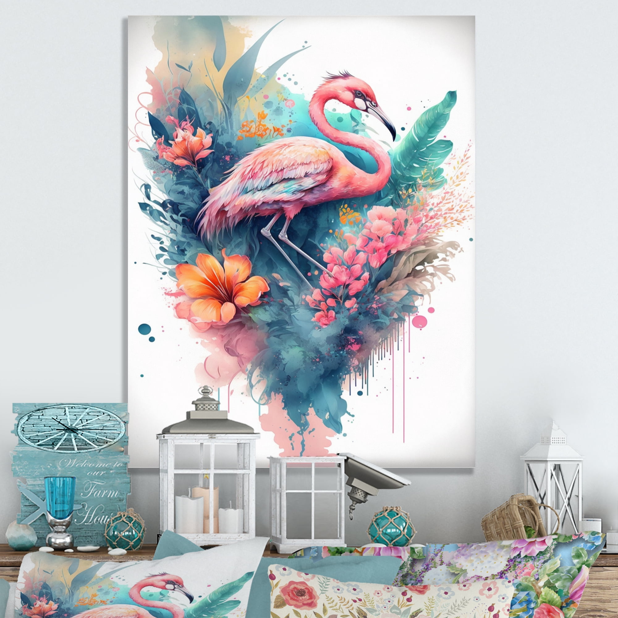 Designart Stunning Flamingo Floral Art V Canvas Wall Art