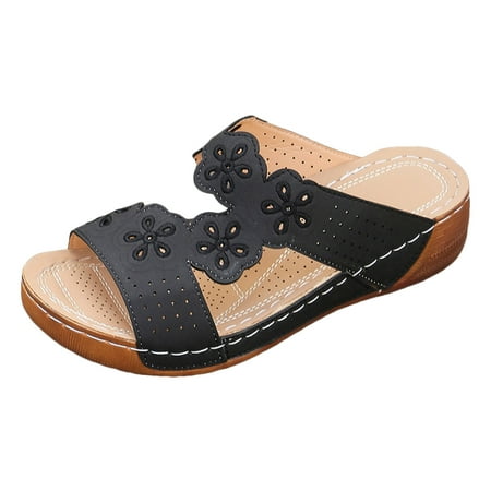 

ZIZOCWA Women Dressy Sandals Size 8.5 Ladies Summer Retro Walking Slippers Flower Hollow Out Wedge Thick Bottom Large Size Sandal Slippers Black