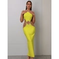 thumbnail image 4 of Women Celebrity Sexy Backless Halter Beading Maxi Long Lemon Yellow Bandage Dress 2023 Elegant Evening Club Party Dress, 4 of 7