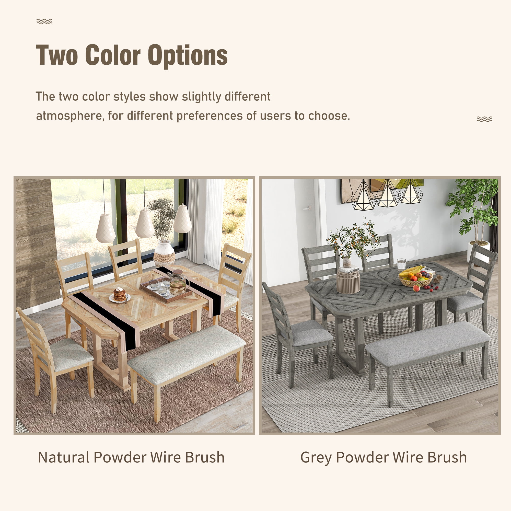 Euroco 6-Piece Rubber Wood Dining Table Set for 6, Farmhouse Kitchen Table Set with Beautiful Wood Grain Tabletop, 4 Upholstered Chairs & a Bench for Dining Room,Natural