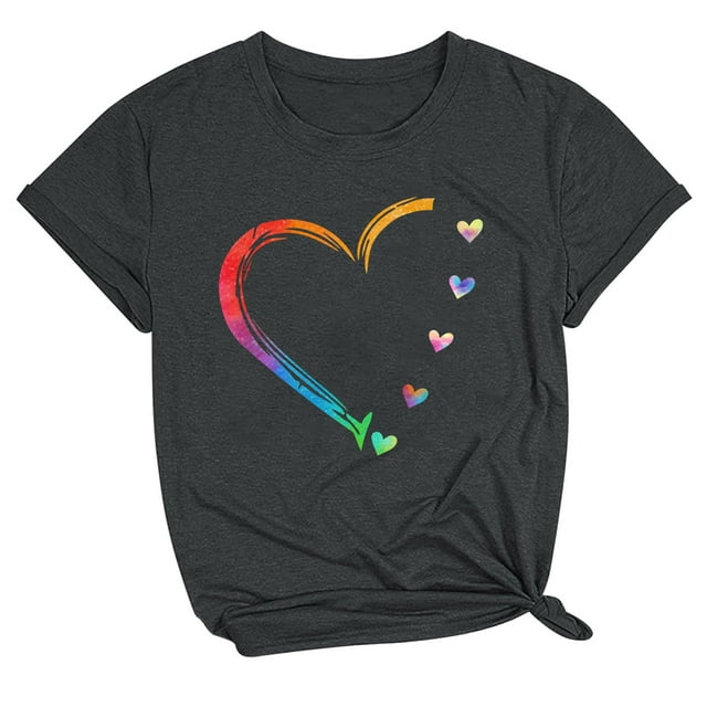 AherBiu T-Shirts de la Saint-Valentin pour Femmes, Col Rond Imprimé, Manches Courtes, Hauts d'Été, T-Shirts Basiques Confortables