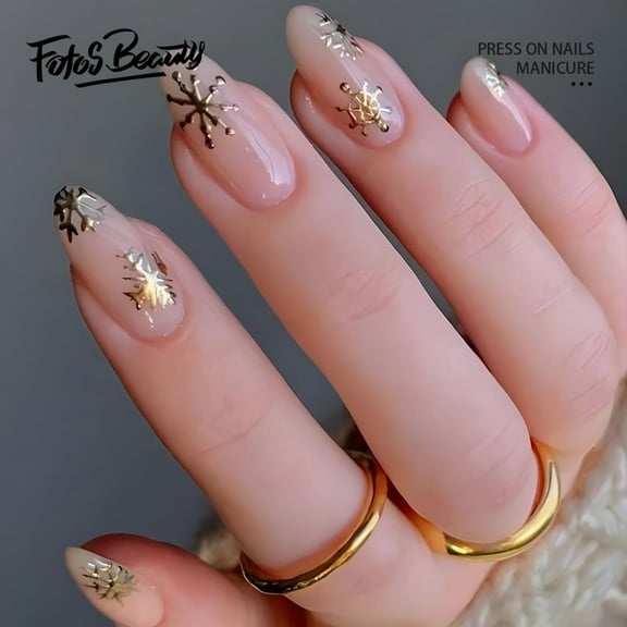 Christmas Nails Fofosbeauty Christmas Nails 24pcs Press on False Nails Tips, Almond Fake Acrylic Nails, Round Gold Thread Snowflake