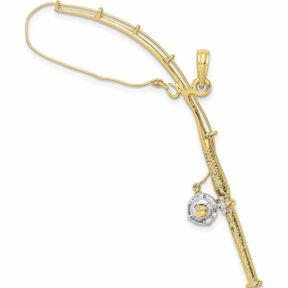 10K Yellow With Rhodium 3-D Moveable Fishing Pole Reel Pendant (70.55 X 17) Made In United States 10k9051