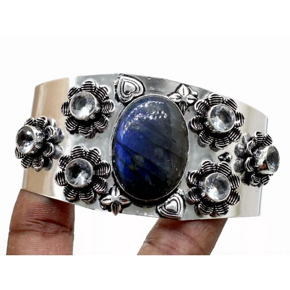 Samrat Jewelry 925 Sterling Silver Cuff Bracelet with Labradorite & Topaz Gemstones – Adjustable Size Unisex Jewelry