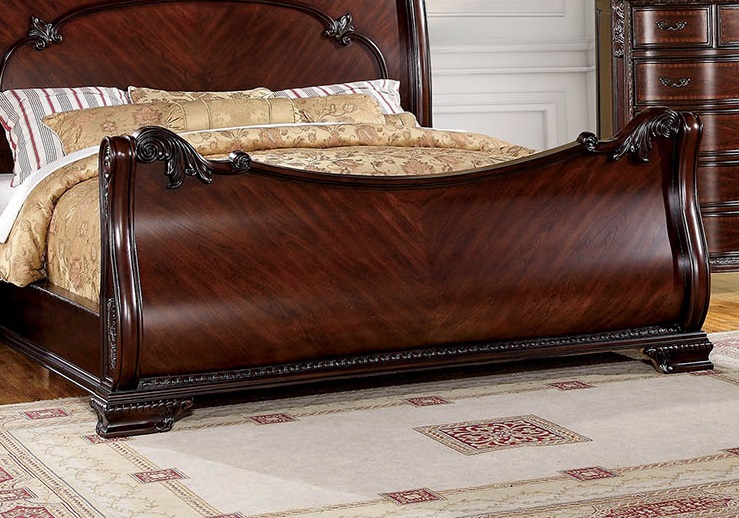 Formal Traditional Elegant Carved Sleigh Bed Brown Cherry Solid wood Queen Size Bed Bedroom Furniture 1pc Bed Intricate Carving - image 5 of 5