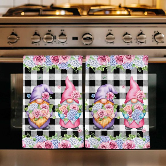 Spring Gnomes Kitchen Towels Set of 3, Botanical Rose Leaves Black Buffalo Plaid Absorbent Dish Towels for Kitchen, Microfiber Hand Towel, Quick Drying Tea Towel for Cleaning Decorative Dishcloths
