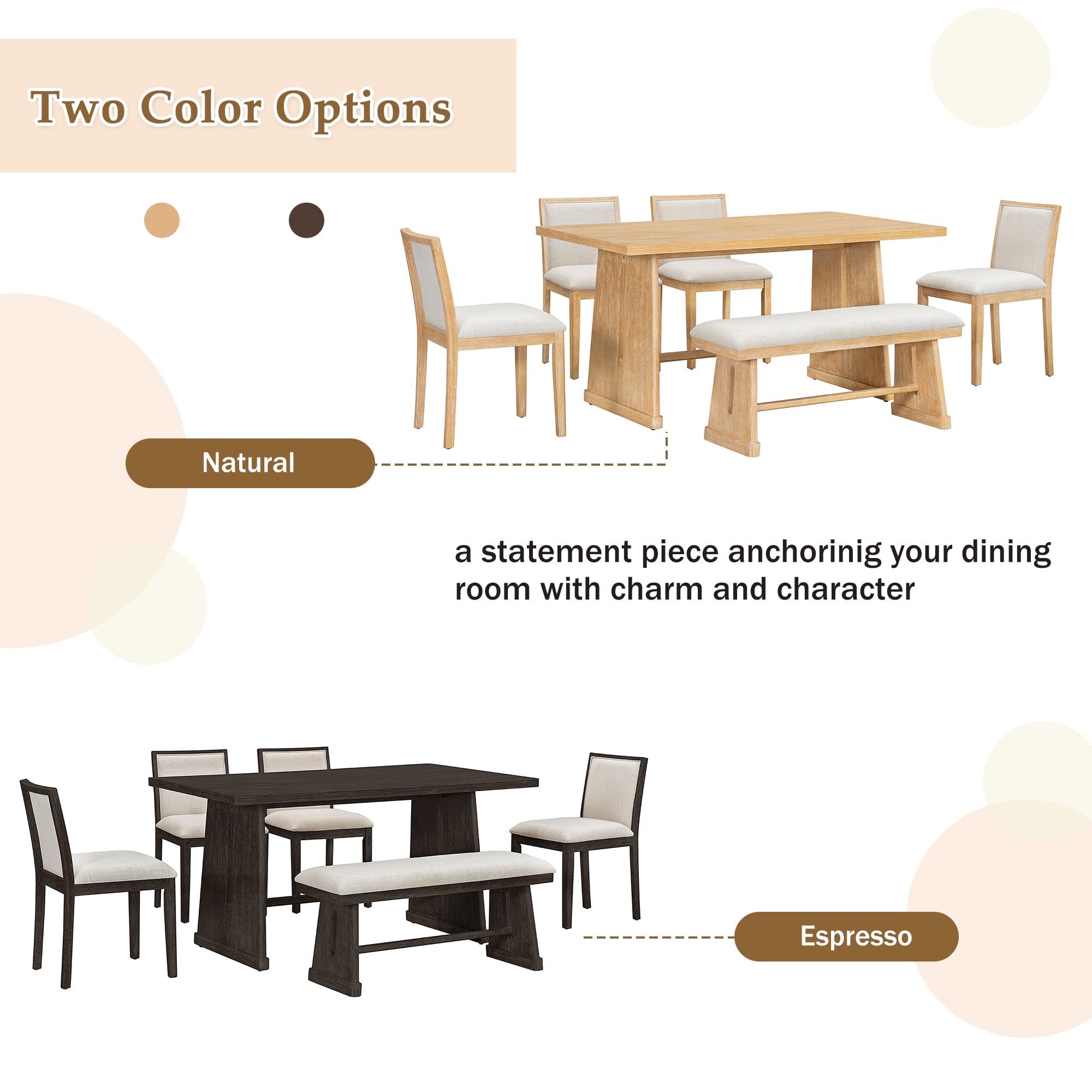 Euroco 6-Piece Farmhouse Dining Table Set for 6, 59.8" Rectangular Dining Table with 4 Upholstered Chairs & 1 Bench,Solid Wood Dining Furniture Set for Kitchen,Natural