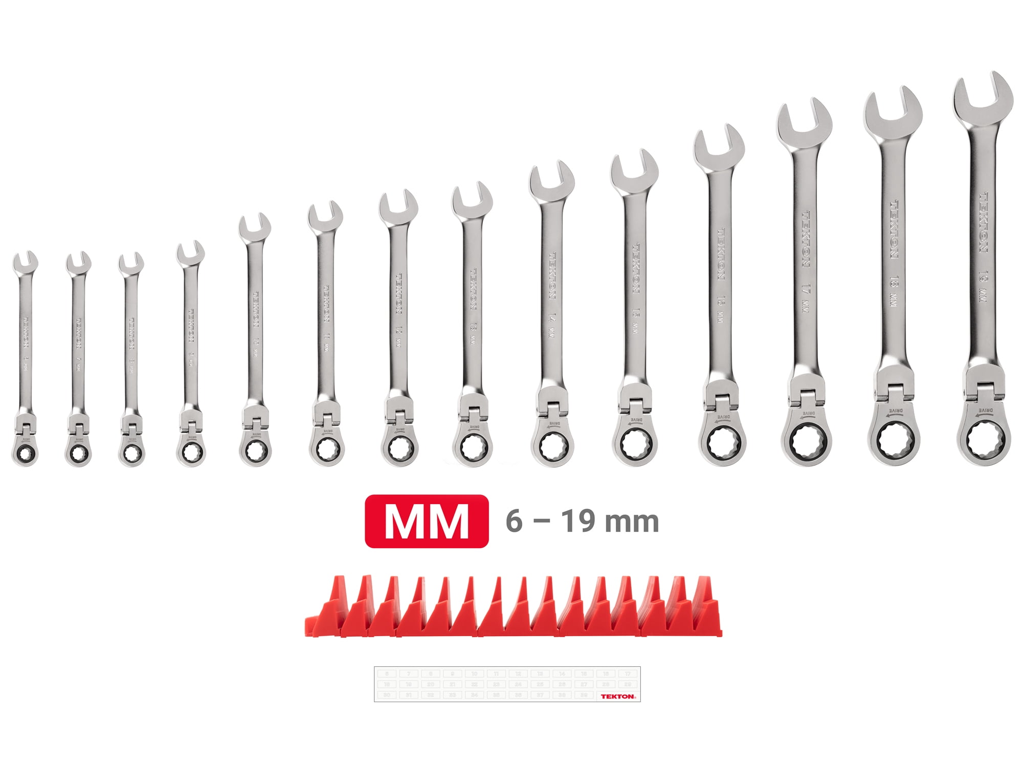 TEKTON Flex Head 12-Point Ratcheting Combination Wrench Set with Modular Wrench Organizer, 14-Piece (6-19 mm) | WRC95302