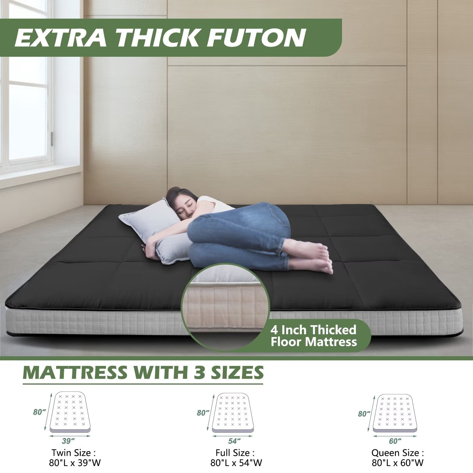 MOPHOTO Black Japanese Futon Mattress Extra Thick Folding Sleeping Pad Futon Mattress Portable Camping Mattress with Storage Bag, Twin