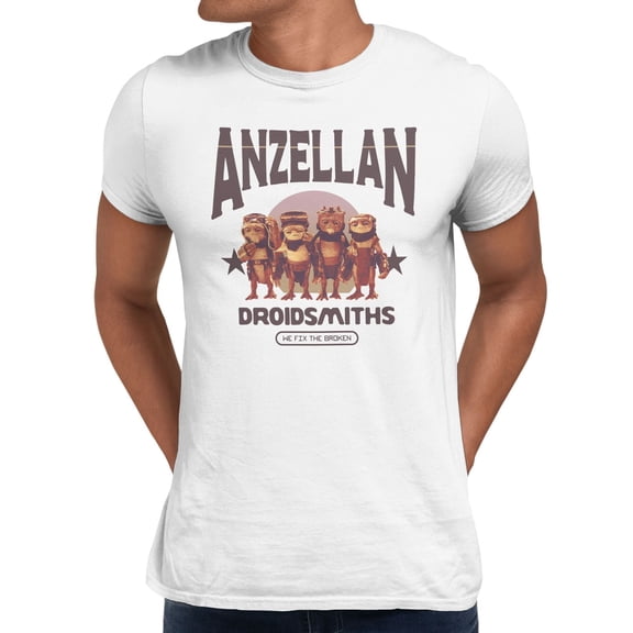 Star Wars The Mandalorian And Grogu Broken Fix Anzellan Droidsmith Line Up Men's T Shirt (White, S-XXXL)