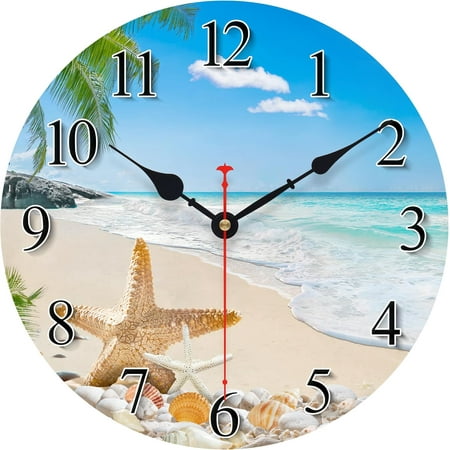 Coastal Ocean Wall Clock with Seashell Design and Palm Tree Beach Theme - Battery Operated Silent Wall Decor for Home, Kitchen, Living Room, Office, Bedroom