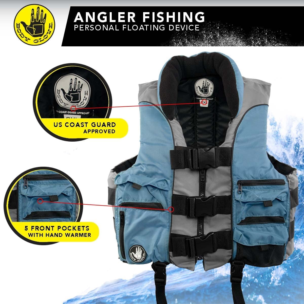 Body Glove Angler Unisex Adult Fishing PFD Life Jacket USCG Approved, Blue
