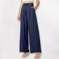 thumbnail image 2 of Ladies Casual Pants High Waisted Drawstring Linen Wide Leg Beach Pants With Pockets Pure Color Plus Size Pants For Women Navy S, 2 of 4
