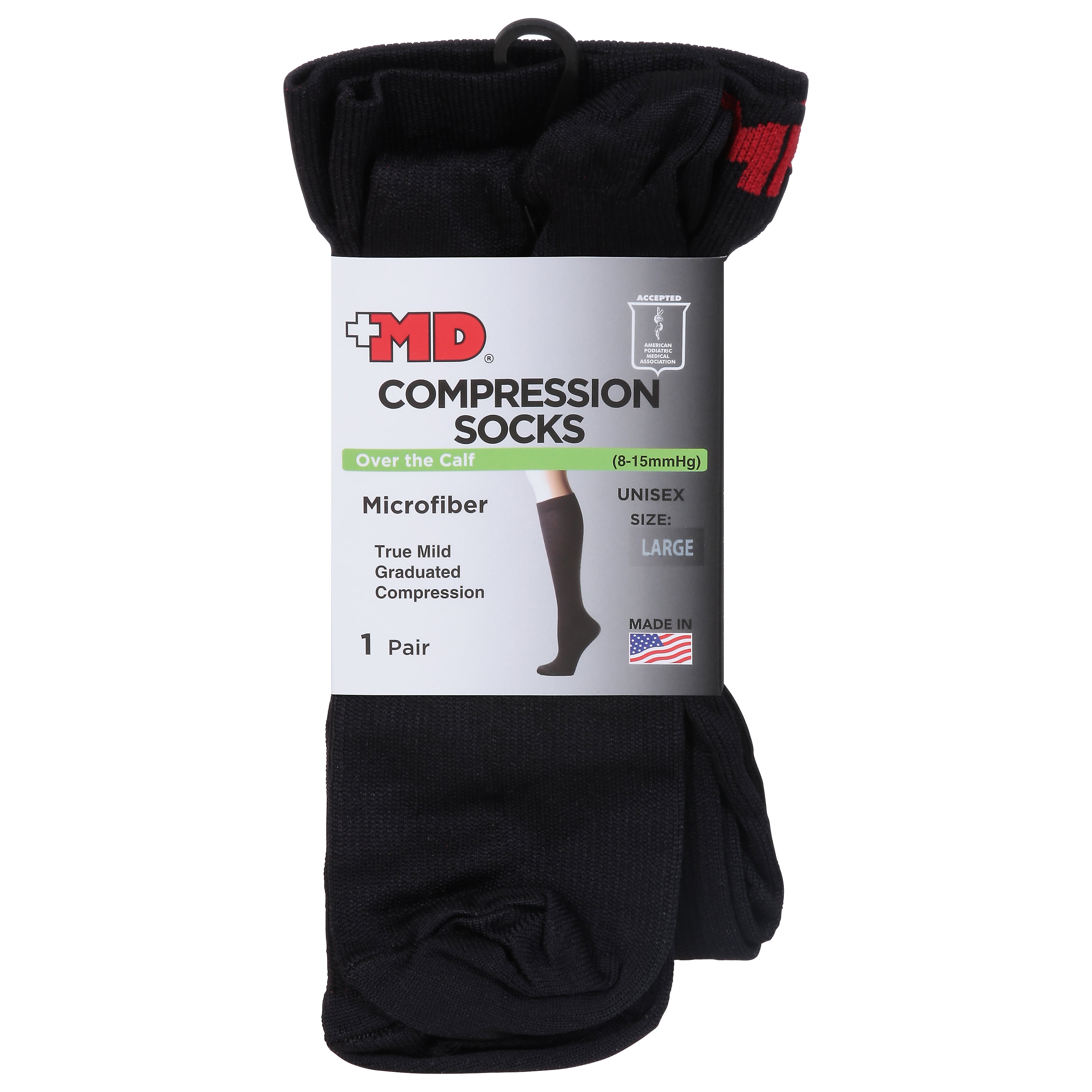MD USA Flat Knit Micro-Fiber Compression Socks, Black, Large (Pack of 6)