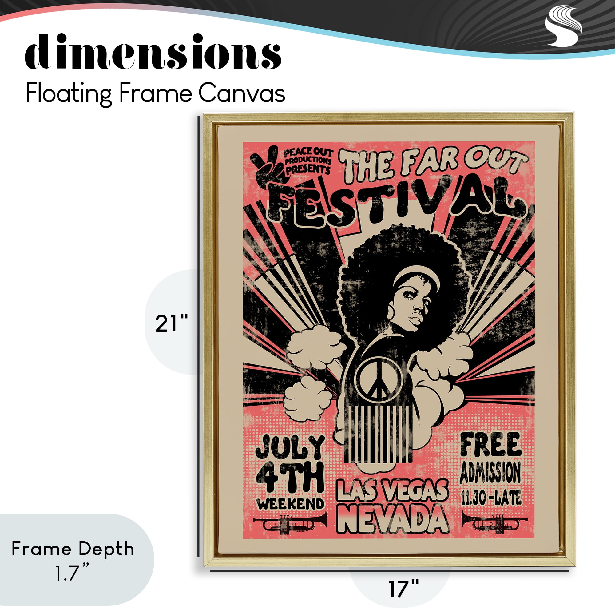Stupell Industries Retro Far Out Festival Poster Gold Framed Floater Canvas Wall Art, design by Ali Chris
