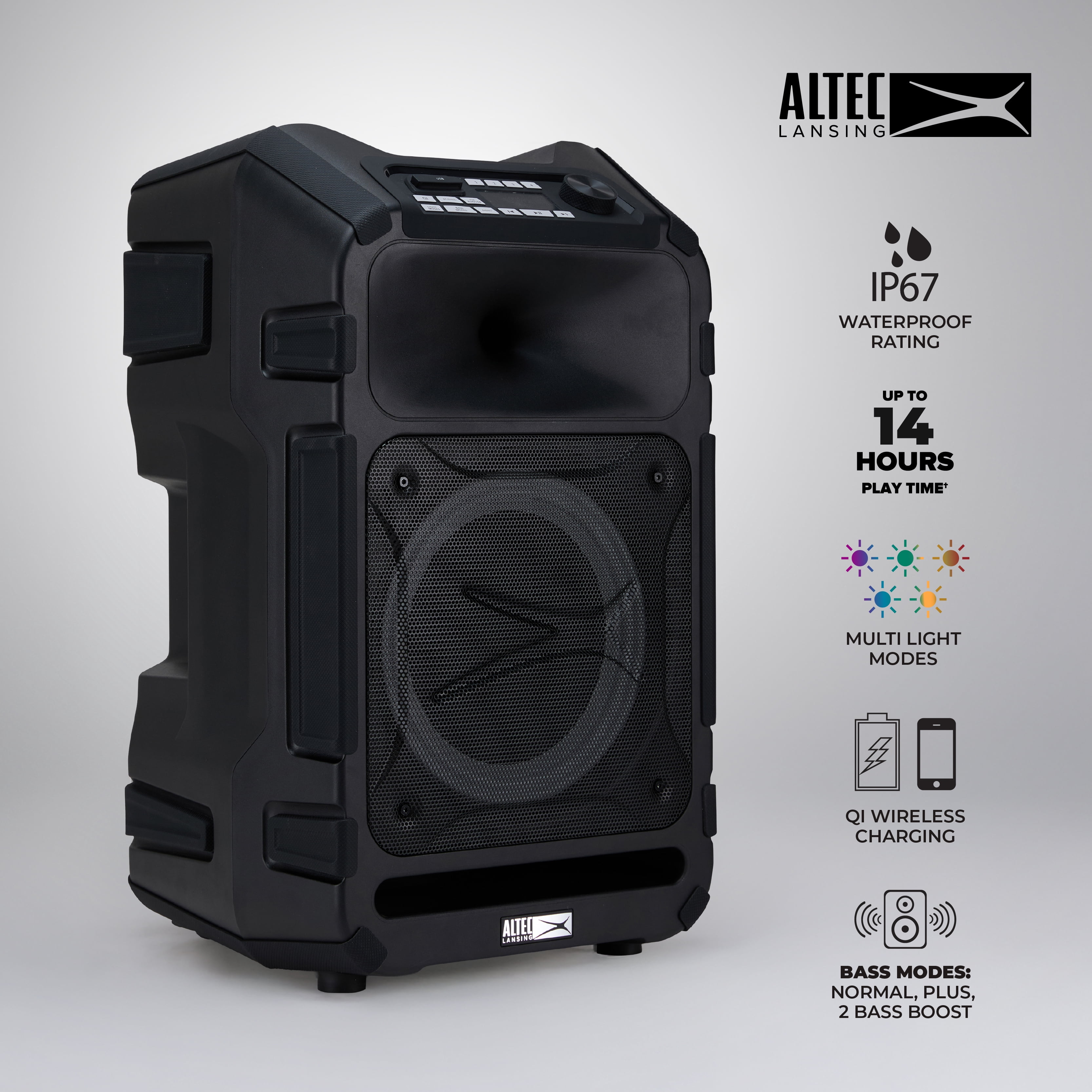 Altec Lansing Sonic Boom 180 Bluetooth Party Speaker, 180W IP67 Waterproof Portable Outdoor Speaker Up to 14 Hours Battery, LED Lights High Power DJ Sound System with Qi Wireless Charging