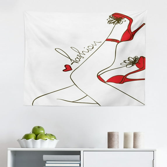 High Heels Tapestry, Vintage Style Woman Bag and Shoes Watercolor Painting, Fabric Wall Hanging Decor for Bedroom Living Room Dorm, 2 Sizes, Dark Coral Ceil Blue, by Ambesonne