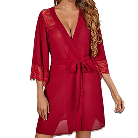 Yuhangmm Women Lace Kimono Robe Sexy Chiffon Lingerie Mesh Chemise Sexy Lingerie for Women plus