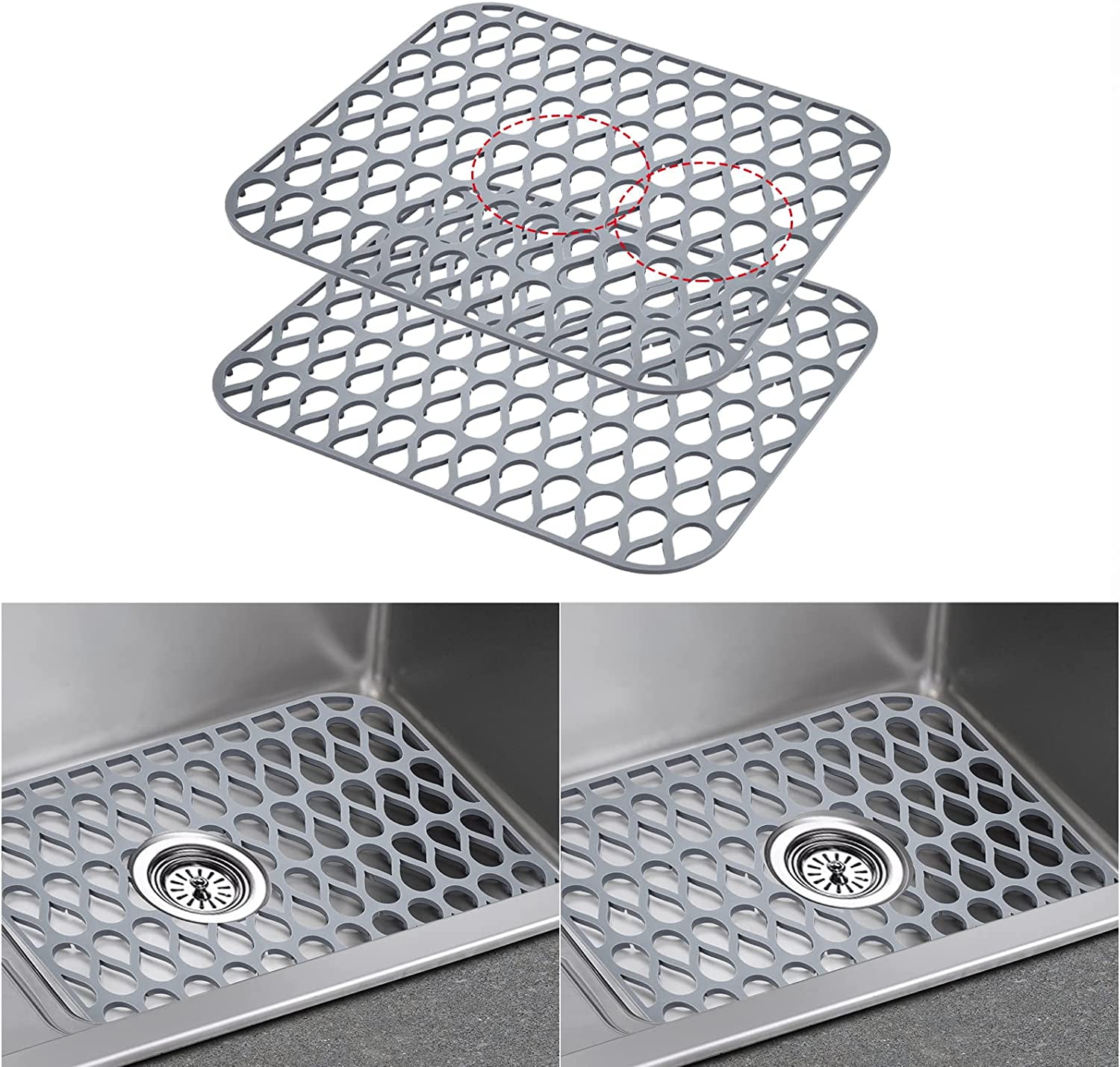 Silicone Sink Mats for Bottom of Kitchen Sink,Rectangular Kitchen Grid Mat with Drain Hole for Stainless Steel Porcelain Kitchen Sink(2 PCS,14x12 in)