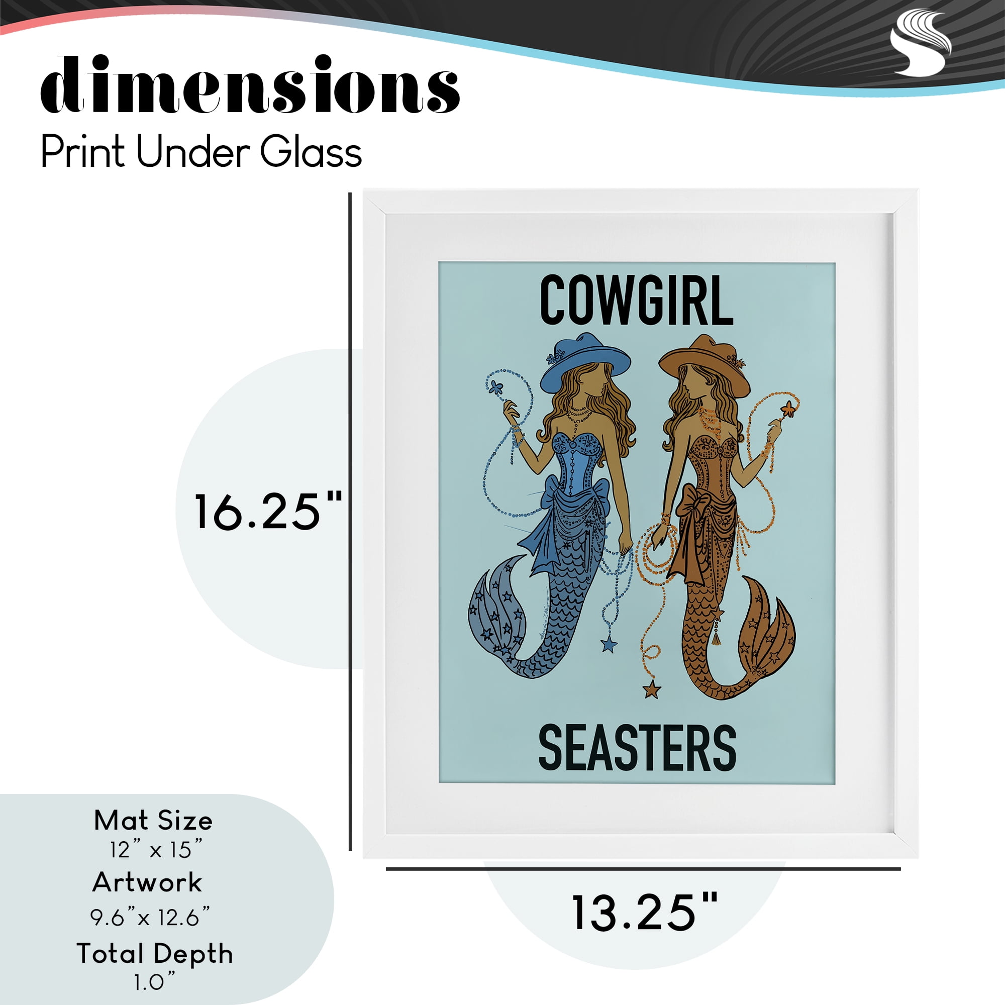 Cowgirl Seasters Mermaid Friendship White Framed Print Under Glass, design by Amelia Noyes