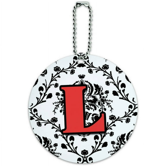 Letter L Initial Damask Elegant Red Black Round Luggage ID Tag Card for Suitcase or Carry-On