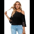 thumbnail image 2 of Blusa Informal con Hombros Descubiertos y Panel de para Mujer, Mangas 3/4 Acampanadas, Color Negro, Talla S, 2 of 10