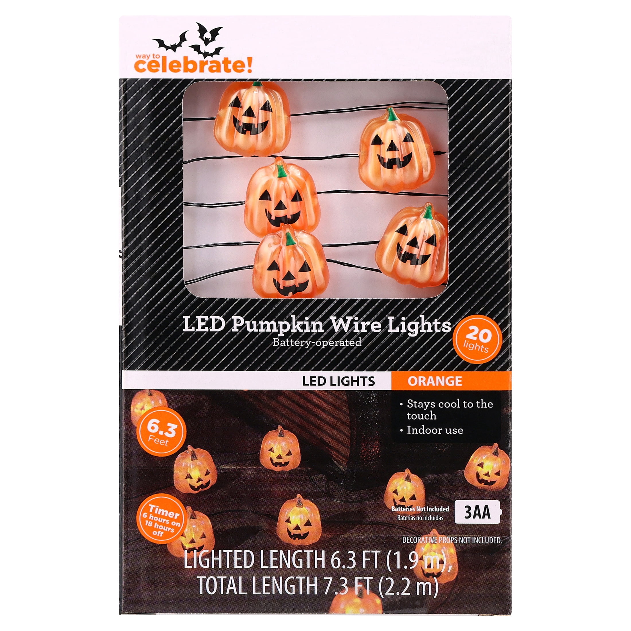 Indoor 20-Count Battery-Operated LED Pumpkin Wire String Lights, Orange, 6.3', Halloween by Way To Celebrate