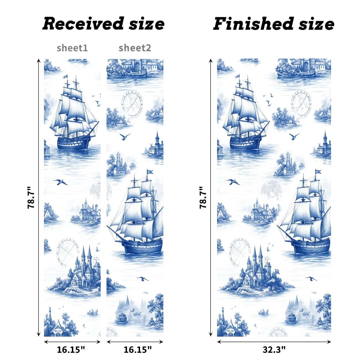 Self Adhesive Vinyl Refrigerator Wrap Set Vintage Nautical Sailing Ships Coastal Scenes Blue White Door Mural Removable Fridge Sticker Peel and Stick&nbsp;Full Door Cover Decal Kitchen Bar Decor