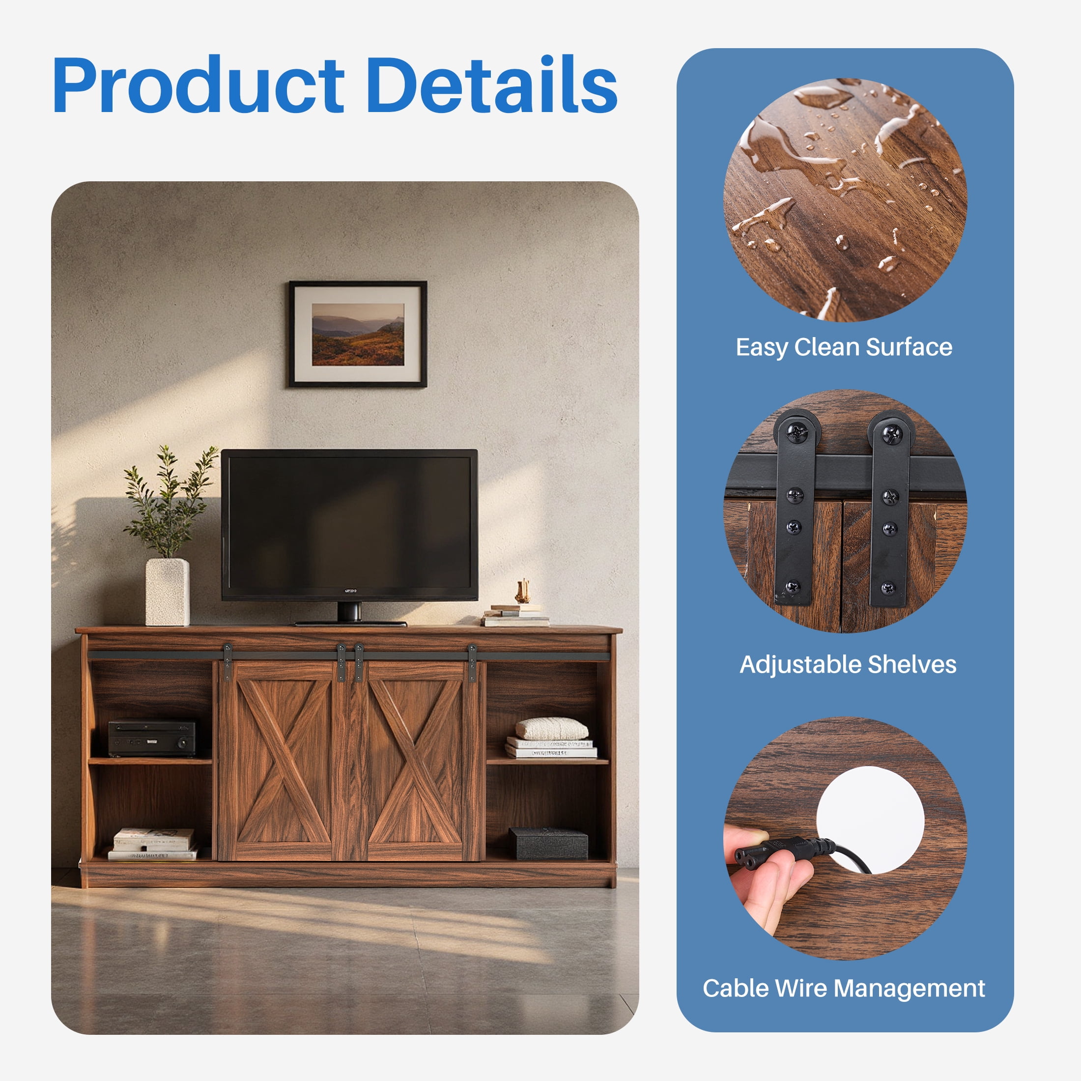 EDX TV Stand for 65" TV, Modern Entertainment Center for Living Room, TV Console Table with Storage Cabnets and Sliding Barn Doors, Rustic Brown