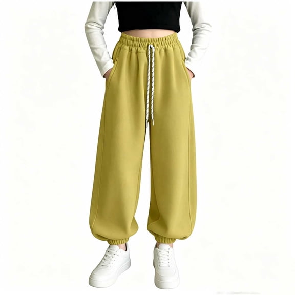 yillto Girls Jogger Sweatpants Wide Leg Baggy Elastic Waist Drawstring Casual Pants with Pockets