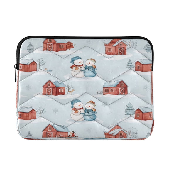 Quilted Laptop Sleeve for 13-16 Inch Laptops Protective Laptop Case Cover Lightweight Travel & Office Essentials Watercolor Snowman and Red Barn