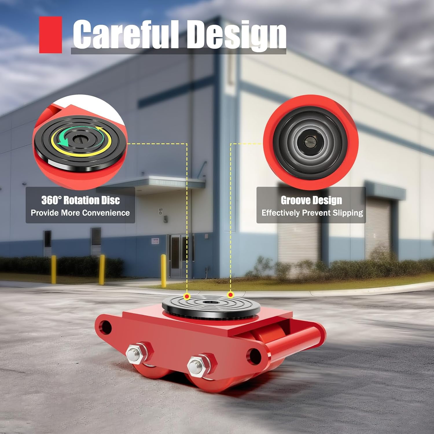 TFCFL 4pcs Machine Skates, Machinery Mover with 2 Steering Handle, 6T/13200lbs Machinery Moving Skate Dolly w/ 360°Rotation Disc & 4 Rollers, Heavy Duty Industrial Moving Equipment, Red