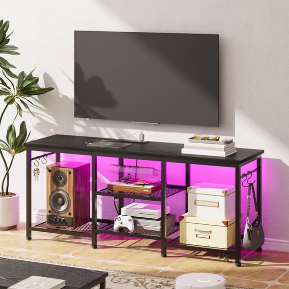Tomnk TV Stand for 55 Inch TVs, Entertainment Center with Charging Station and Lights, Open Storage Shelves with Sound Rack, Media Console for Living Room and Bedroom, Black