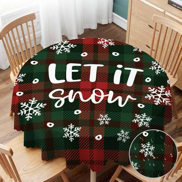 Nappe Ronde 60 Pouces Flocons de Neige de Noël sur Fond à Carreaux pour Tables Rondes Petite Nappe Ronde pour Extérieur
