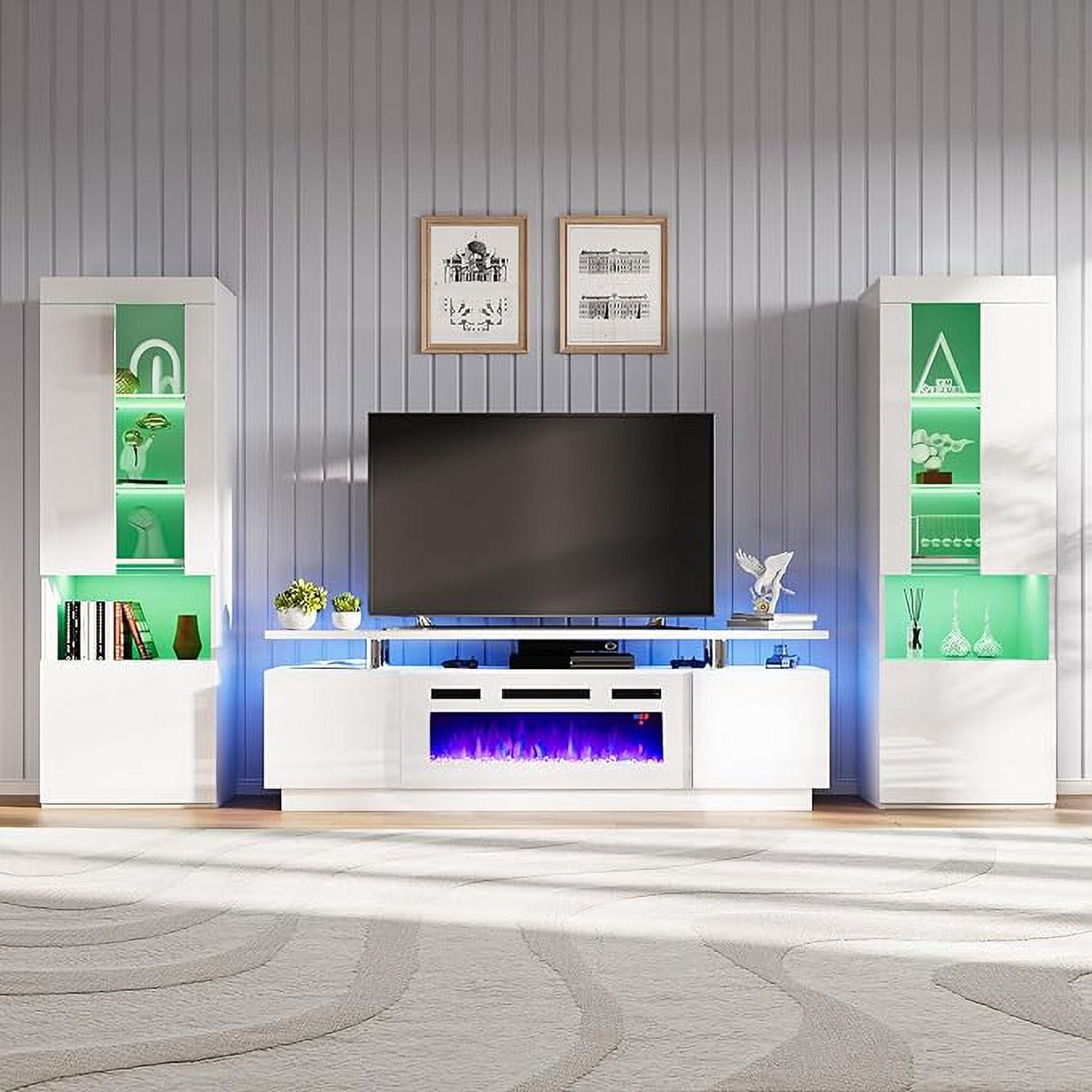 PLAUIN Entertainment Center with Fireplace and Bookcases, 70" TV Stand, 2 Bookshelves, White