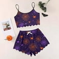 thumbnail image 2 of WTOBBY Women's Two-Piece Halloween Pajama Set Retro Floral Sleeveless Vest Adjustable Straps with Matching Shorts Soft Sleepwear Cozy Home Lounge Outfit,Purple L, 2 of 5