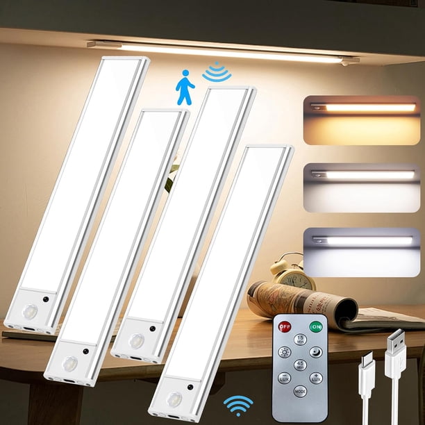 Luz Led con Sensor de Movimiento, 4PCS Luces para Debajo del Clóset Recargables con 3 Colores y Brillo Ajustable, con Control Remoto, para Recámara, Clóset, Pasillo, Escaleras(30CM)